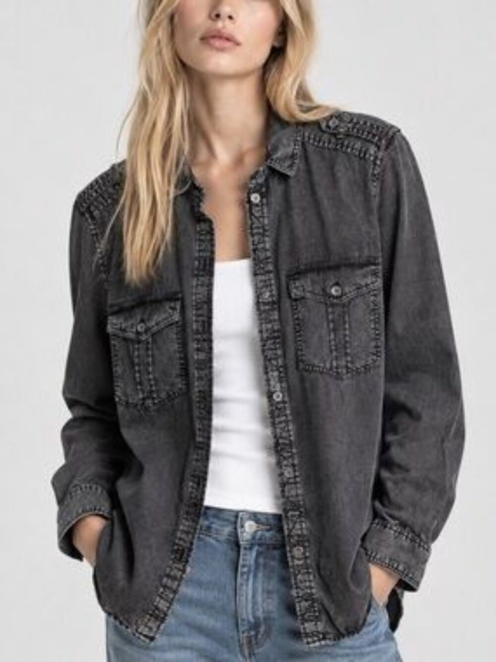 EUC American Eagle Black Washed Denim Button-Down Shirt